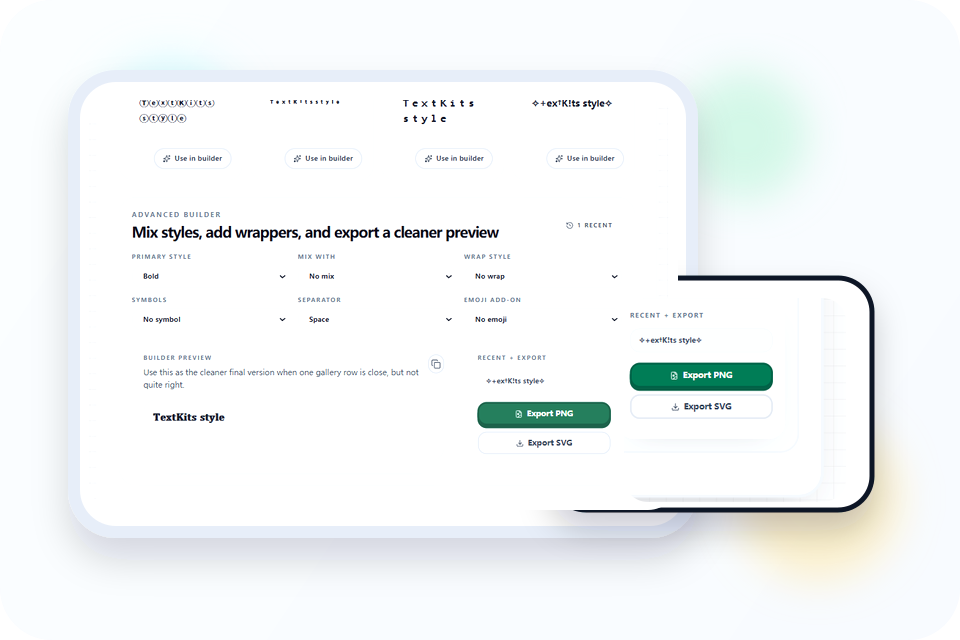 Styled text preview panel showing copy and export buttons