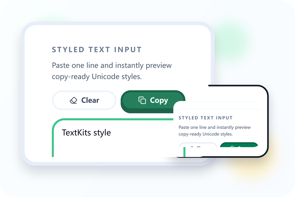 Styled text generator on a narrow mobile screen with short text and copy buttons