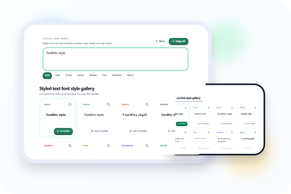 Gallery preview showing multiple text style rows from one phrase