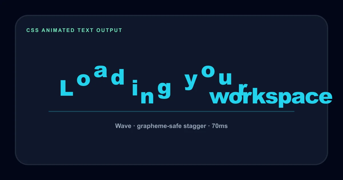CSS animated text generator wave preview showing Loading your workspace