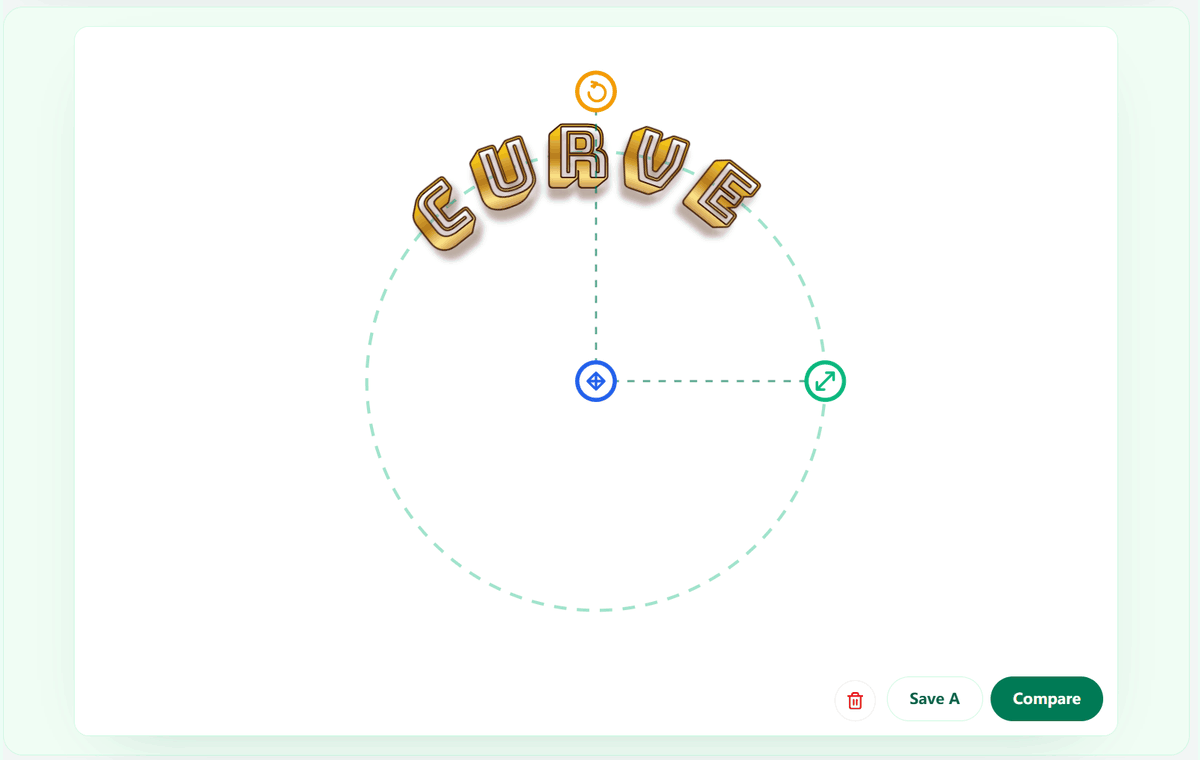 Animated demo showing Save A, edited curved text, and the Compare side-by-side view