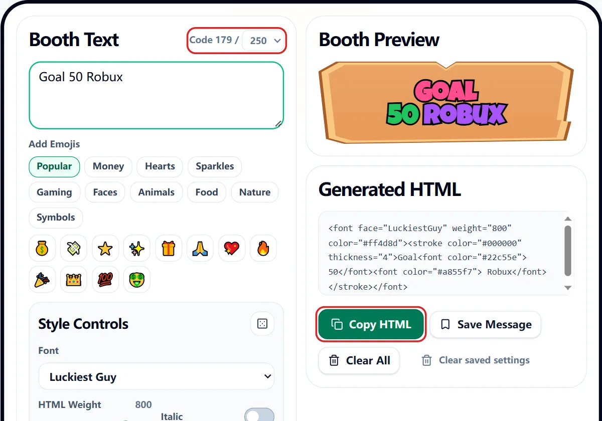 PLS DONATE font and text generator with a booth message, the Code counter, and the Copy HTML button