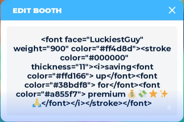 Copied rich text code pasted into the PLS DONATE Edit Booth box