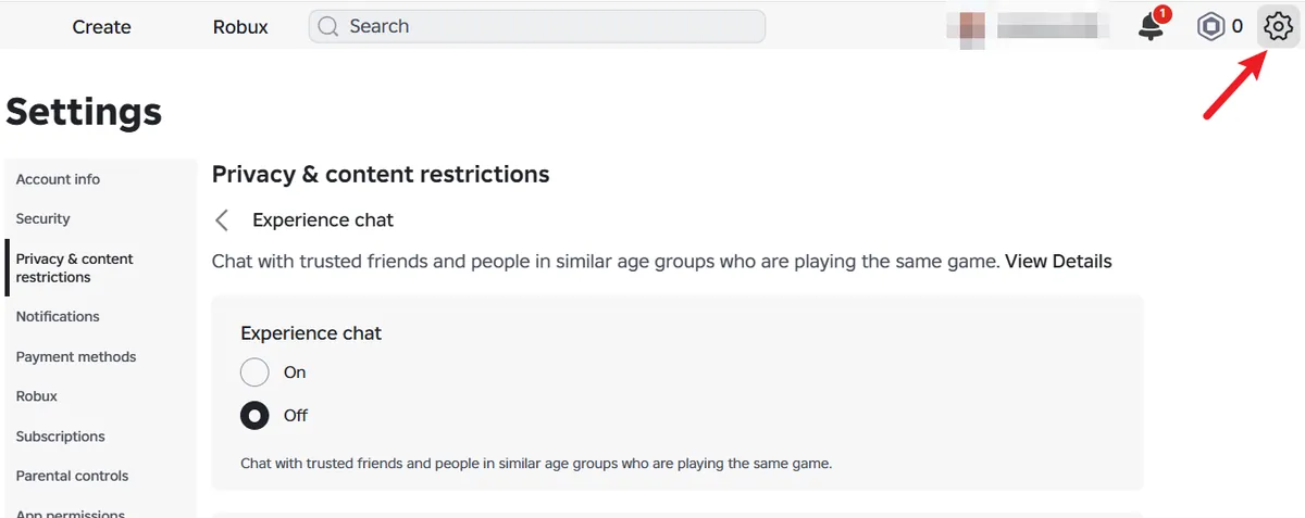 Roblox Settings page with Experience chat turned off and the gear icon highlighted