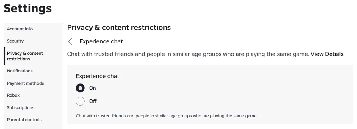 Roblox Experience chat setting turned on