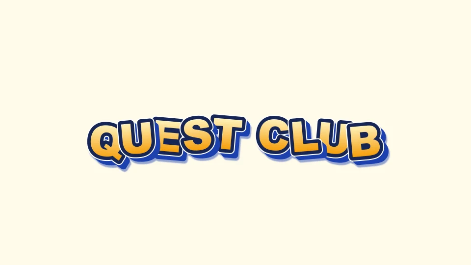 Original Quest Club cartoon lettering with amber fill, a dark outline and playful letter angles