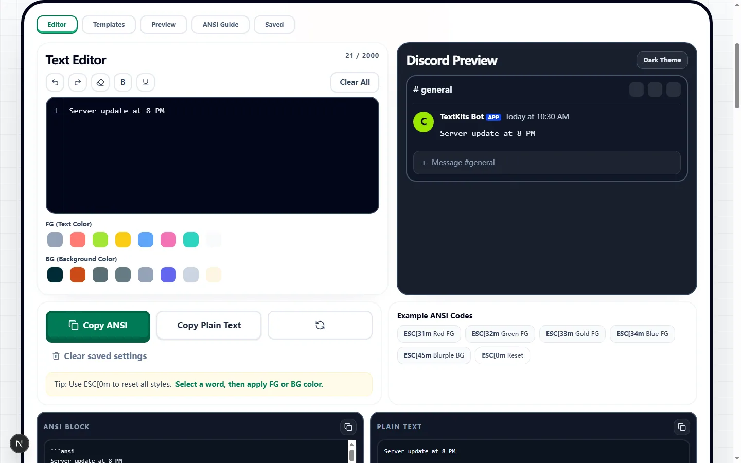 Discord Color Text Generator showing one tested server announcement in the editor and Discord-style preview