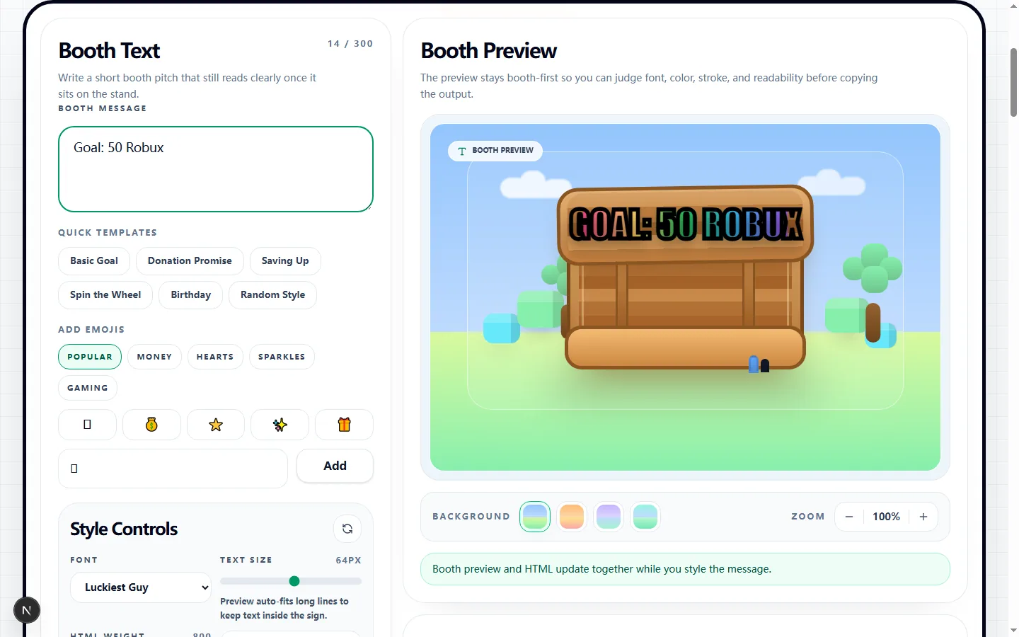 Please Donate Text Generator showing a tested Goal 50 Robux booth preview