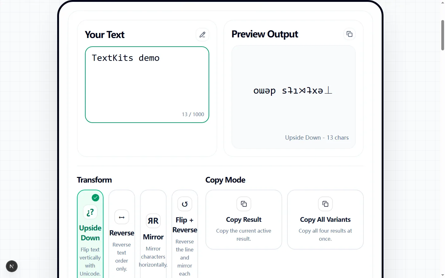 Upsidedown Text Generator showing a tested flipped version of TextKits demo